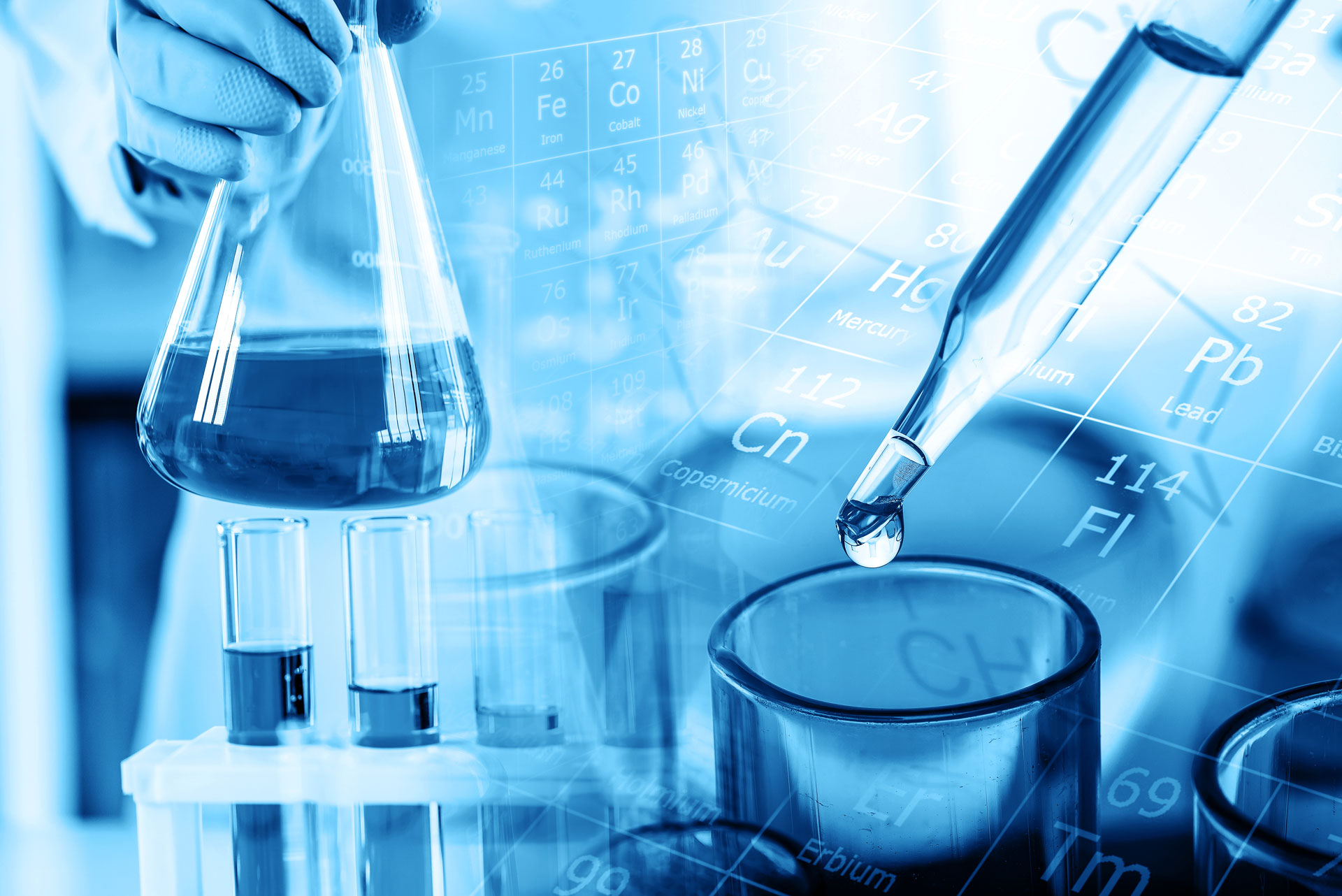 hand of scientist holding flask with lab glassware and test tube © Adobe Stock