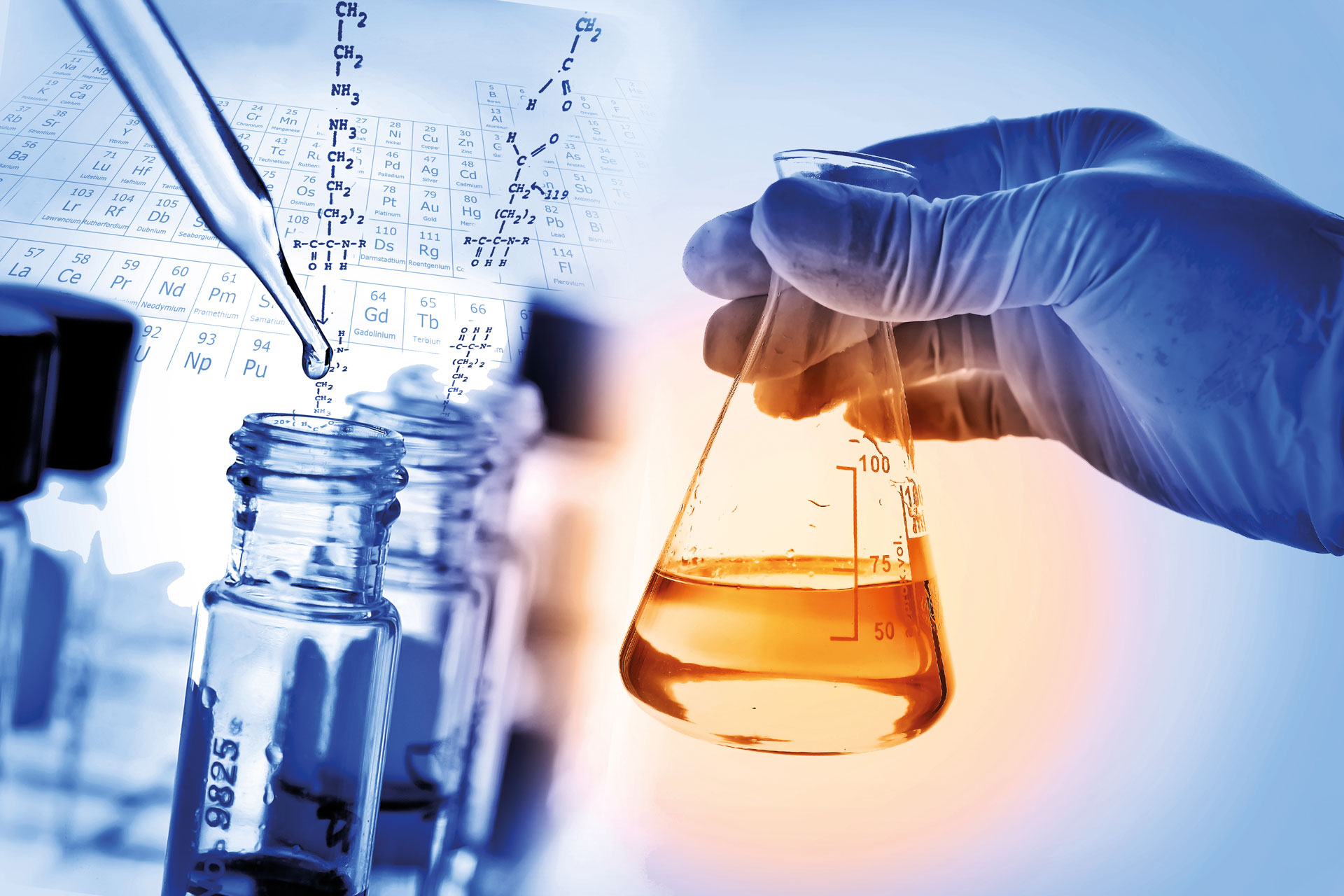 Flask in scientist hand with laboratory background © iStock